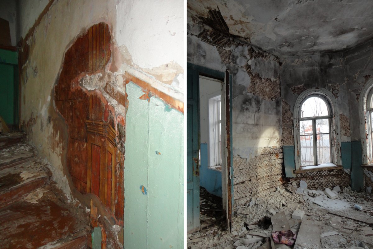 Состояние дома до начала работ. Слева: сохранившийся фрагмент росписи стены